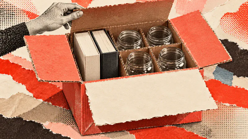 İki kitap ve dört cam kavanoz bulunan kırmızı taşınma kutusunun önüne katlanan boş kâğıt
