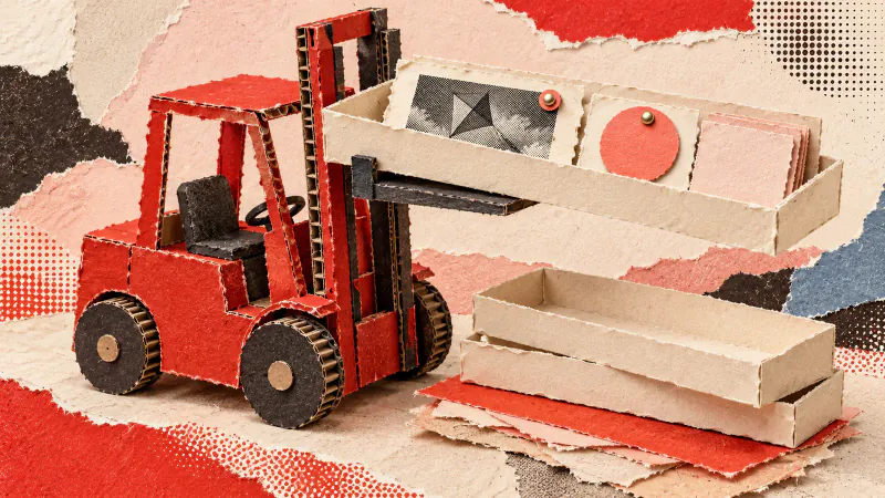 Uzun bir kâğıt kayıt tepsisini bütün olarak kaldıran kırmızı karton forklift kolajı